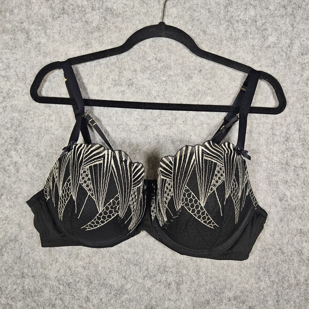 Lane Bryant Cacique Boost Balconette Black Beige Underwire Bra Art Deco Size 40D
